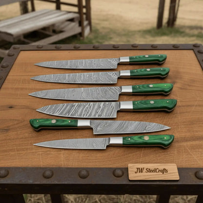 6-Piece Damascus Kitchen Knife Set with Green Wood Handle