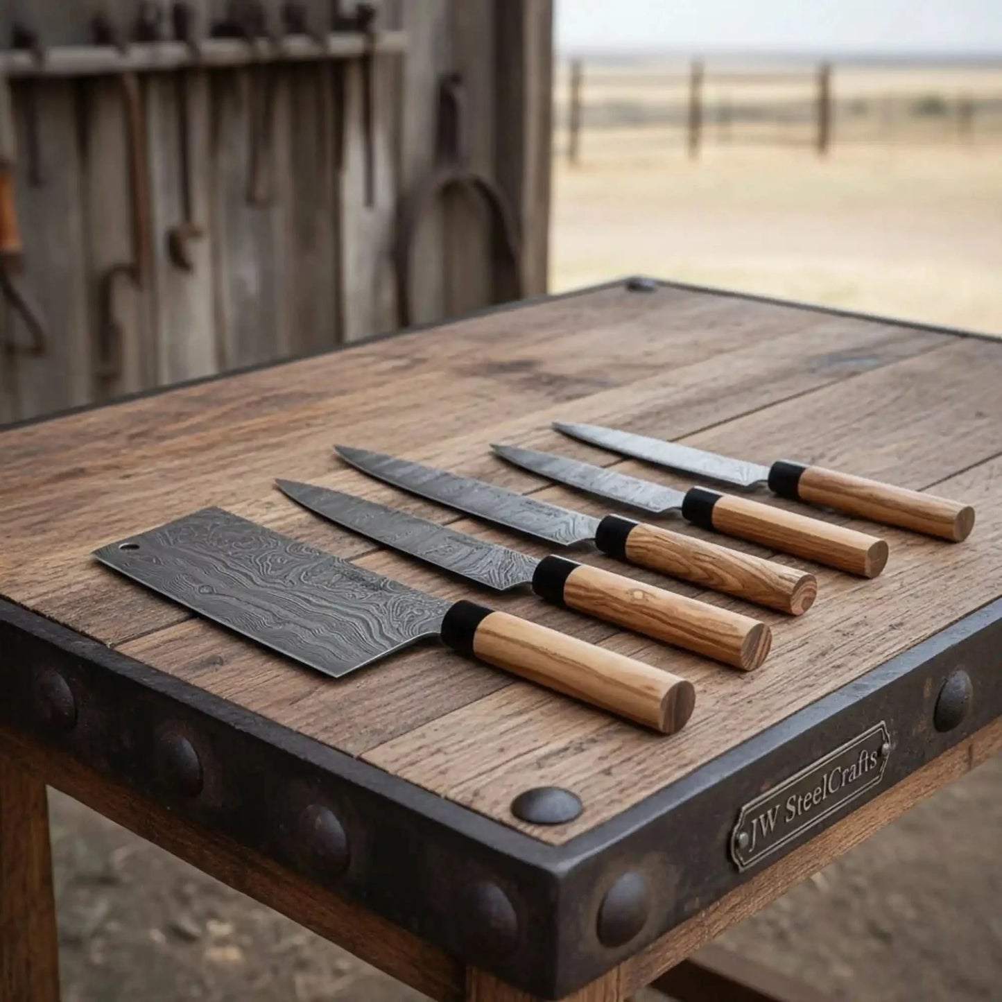 4-Piece Damascus Knife Set Olive Wood Wa Handle & Black Leather Roll