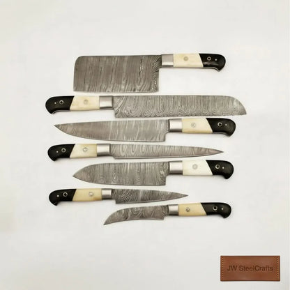 7-Piece Damascus Knife Set with White Bone and Black Resin Handles