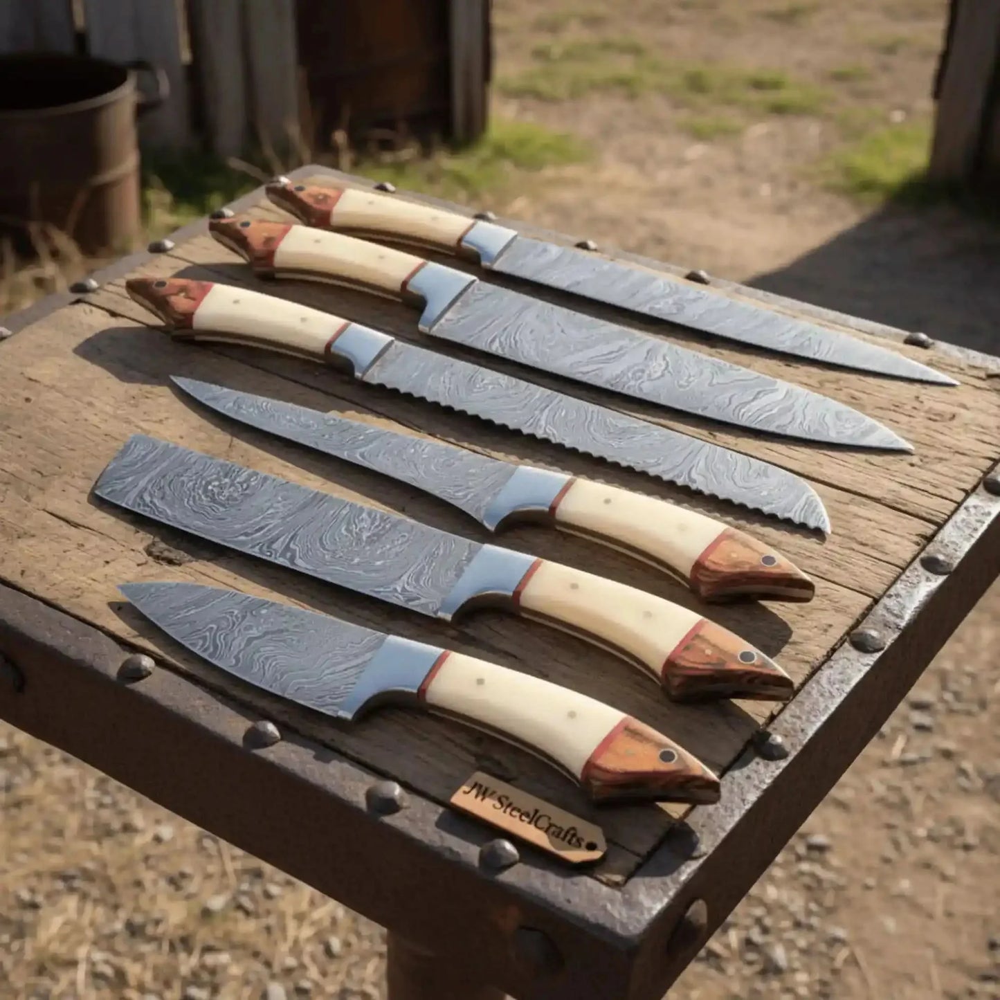 6-Piece Damascus Kitchen Knife Set — White Bone and Red Wood Handles