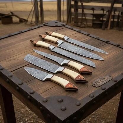 6-Piece Damascus Kitchen Knife Set — White Bone and Red Wood Handles