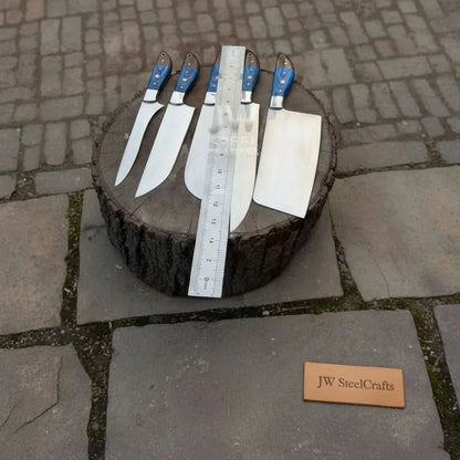 Blue Wood Damascus Chef Knife Set: 5-Piece Handmade Collection