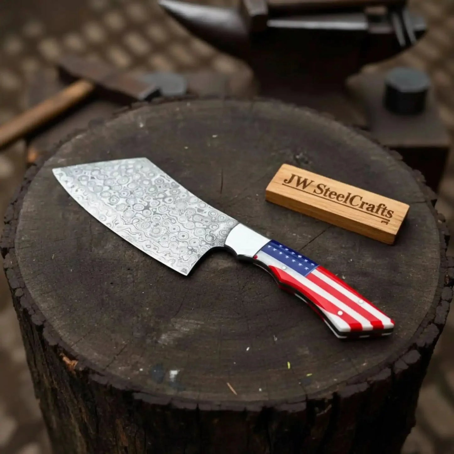 Damascus Steel Cleaver Knife with American Flag Resin Handle