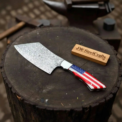 Damascus Steel Cleaver Knife with American Flag Resin Handle