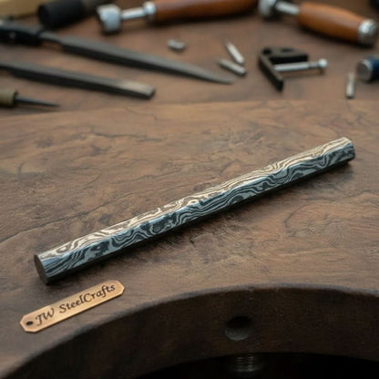 Damascus Steel Rod for Ring Making 6 Inch Round Damascus Bar Handmade Pattern Steel
