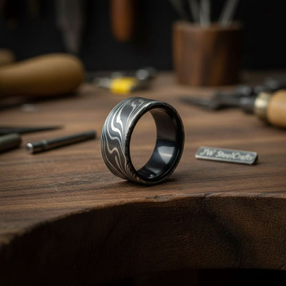 Mens Damascus Steel Wedding Band Smooth Domed Handmade Ring