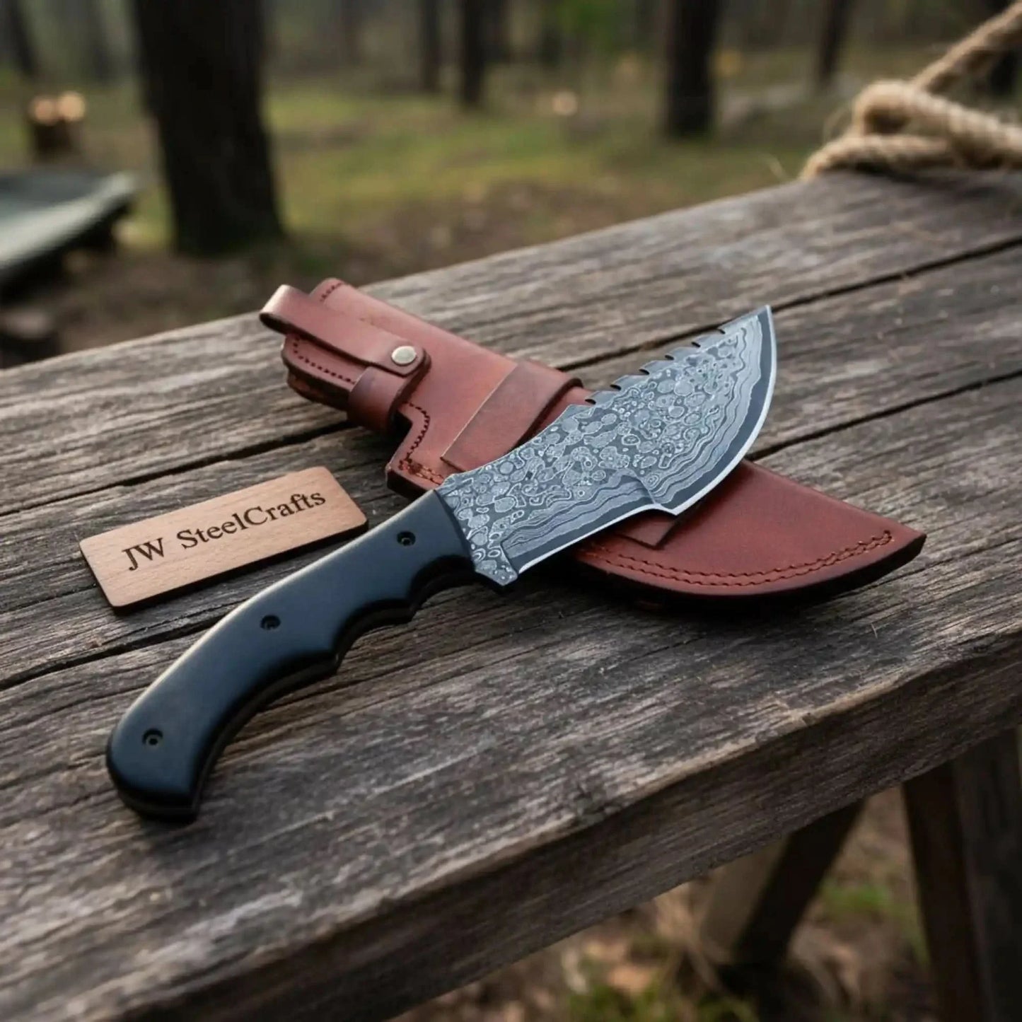 Damascus Steel Tracker Knife with Black Handle – 10 Inch Overall
