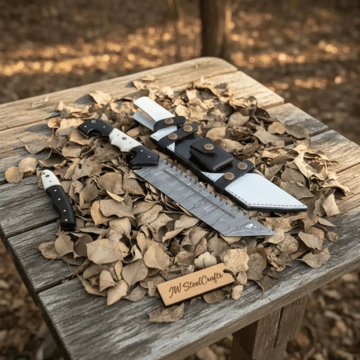 Damascus Steel Tracker Knife with Dual-Tone Bone & Black Handle | Handmade Leather Sheath