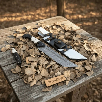 Damascus Steel Tracker Knife with Dual-Tone Bone & Black Handle | Handmade Leather Sheath