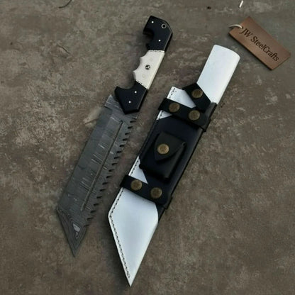 Damascus Steel Tracker Knife with Dual-Tone Bone & Black Handle | Handmade Leather Sheath