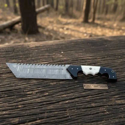 Damascus Steel Tracker Knife with Dual-Tone Bone & Black Handle | Handmade Leather Sheath