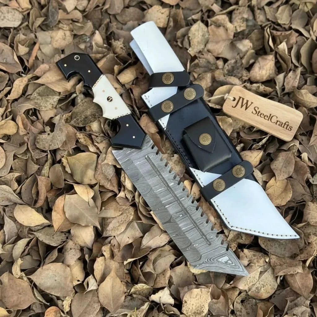 Damascus Steel Tracker Knife with Dual-Tone Bone & Black Handle | Handmade Leather Sheath