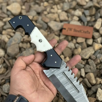 Damascus Steel Tracker Knife with Dual-Tone Bone & Black Handle | Handmade Leather Sheath