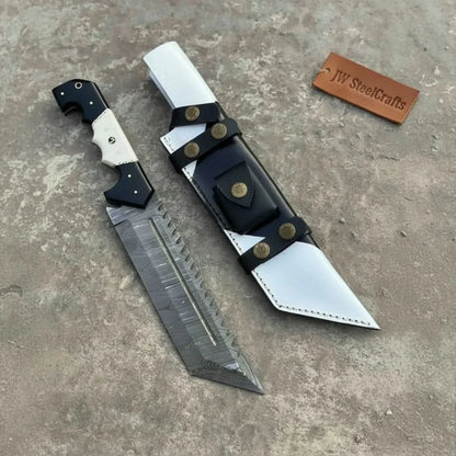 Damascus Steel Tracker Knife with Dual-Tone Bone & Black Handle | Handmade Leather Sheath