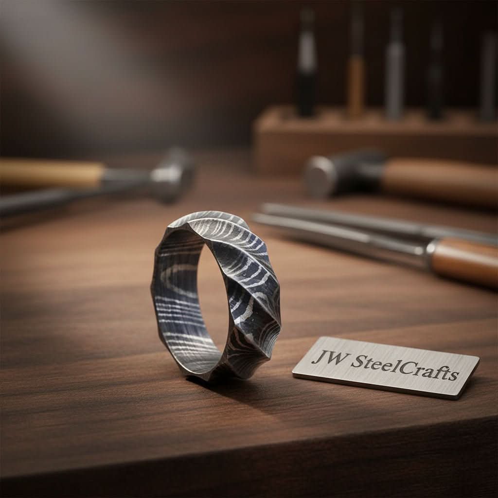 Mens Damascus Steel Twisted Faceted Wedding Band Handmade Ring
