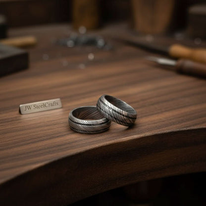 Damascus Steel Wedding Band Set for Couples Twisted Damascus Rings