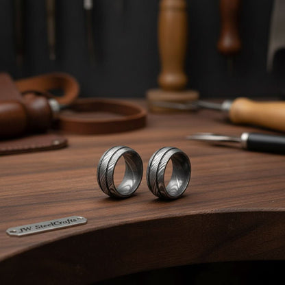 Damascus Steel Wedding Band Set for Couples Twisted Damascus Rings