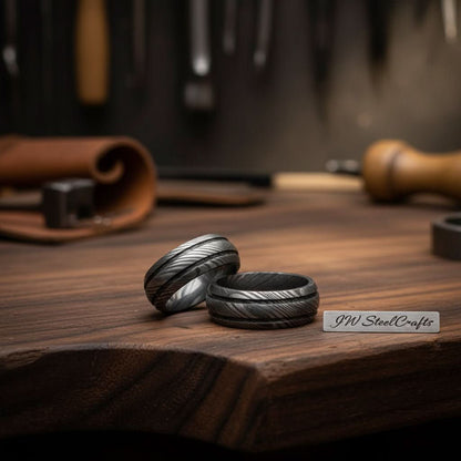 Damascus Steel Wedding Band Set for Couples Twisted Damascus Rings
