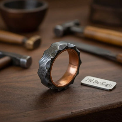 Damascus Steel Wedding Ring Hammered Texture with Copper Inner Band