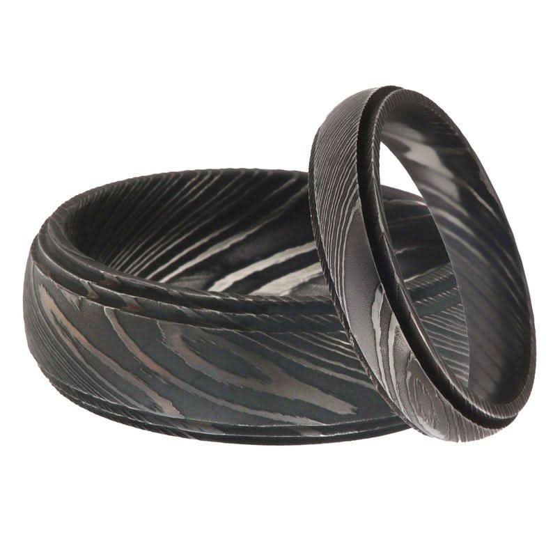 Damascus Steel Wedding Ring Set for Couples Black Pattern Wedding Bands