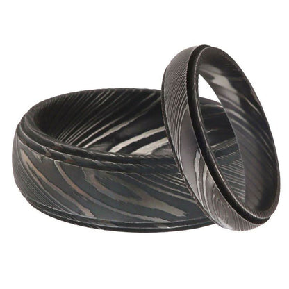 Damascus Steel Wedding Ring Set for Couples Black Pattern Wedding Bands