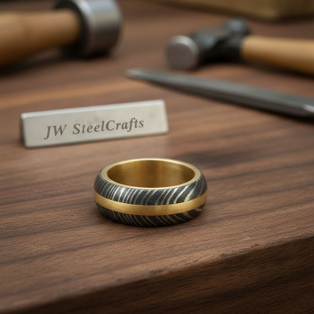 Damascus Steel Wedding Ring Twisted Pattern with Brass Inlay Band