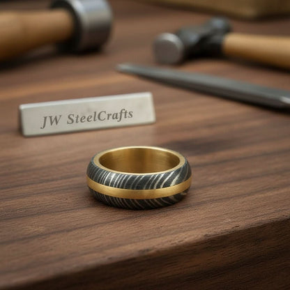 Damascus Steel Wedding Ring Twisted Pattern with Brass Inlay Band