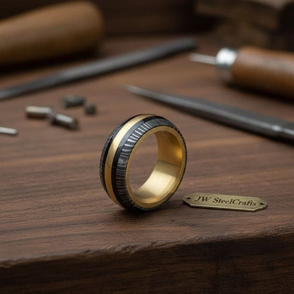 Damascus Steel Wedding Ring Twisted Pattern with Brass Inlay Band
