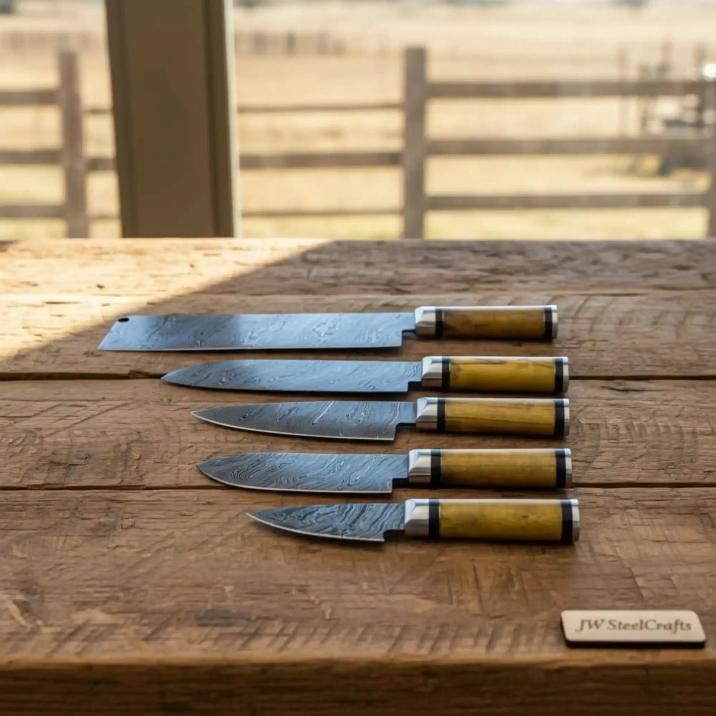 5-Piece Damascus Sujihiki Slicer Set with Feather Damascus Blades
