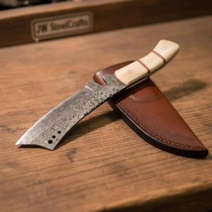 Damascus Tanto Trailing Point Hunting Knife Bone Handle 12 Inch Handmade Leather Sheath
