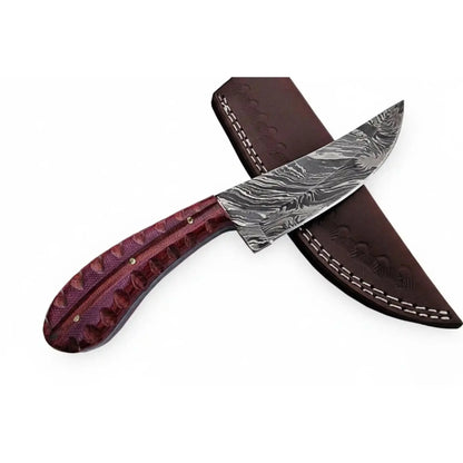 Damascus Trailing Point Skinner Knife with Red Wood Handle – 9 Inch Overall