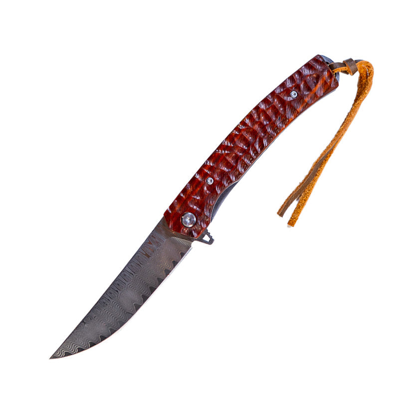 Damascus Flipper Knife Scraped Wood Handle Liner Lock 3.75" Blade 8.2" EDC