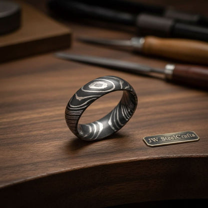 Mens Damascus Steel Wedding Band Raindrop Pattern Handmade Ring
