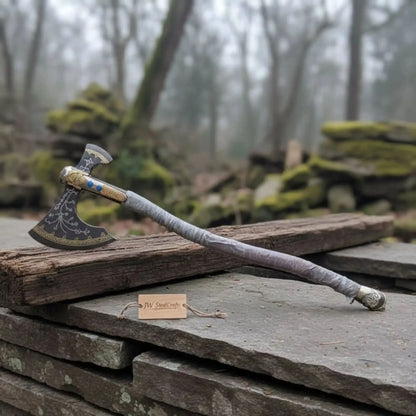 Hand Forged Viking Fantasy Double-Bit Axe with Norse Engraving, Gold Handle Fittings and Blue Gemstone Inlays
