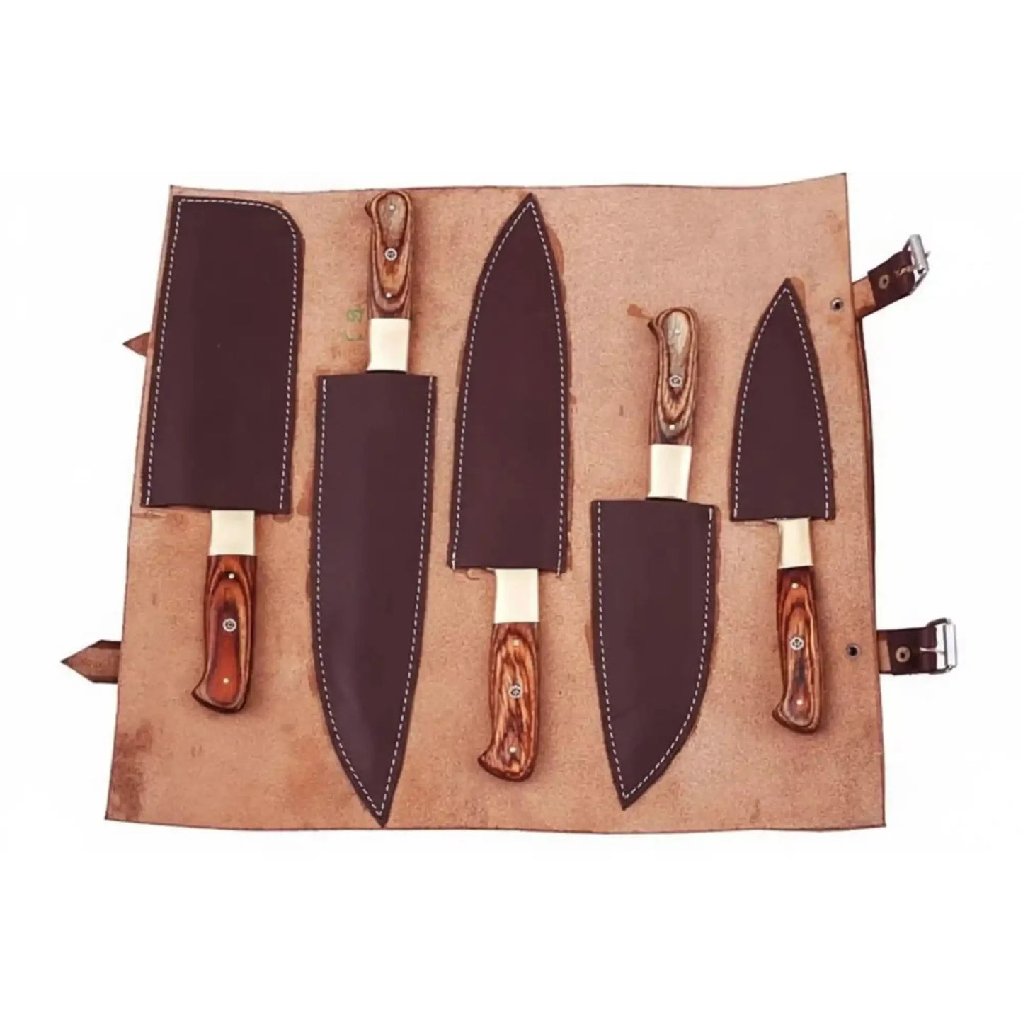 Handmade Damascus Kitchen Knife Set with Pakka Wood Handles and Leather Roll, Full Tang Chef Santoku Cleaver Utility and Paring Knives, Professional Culinary Collection