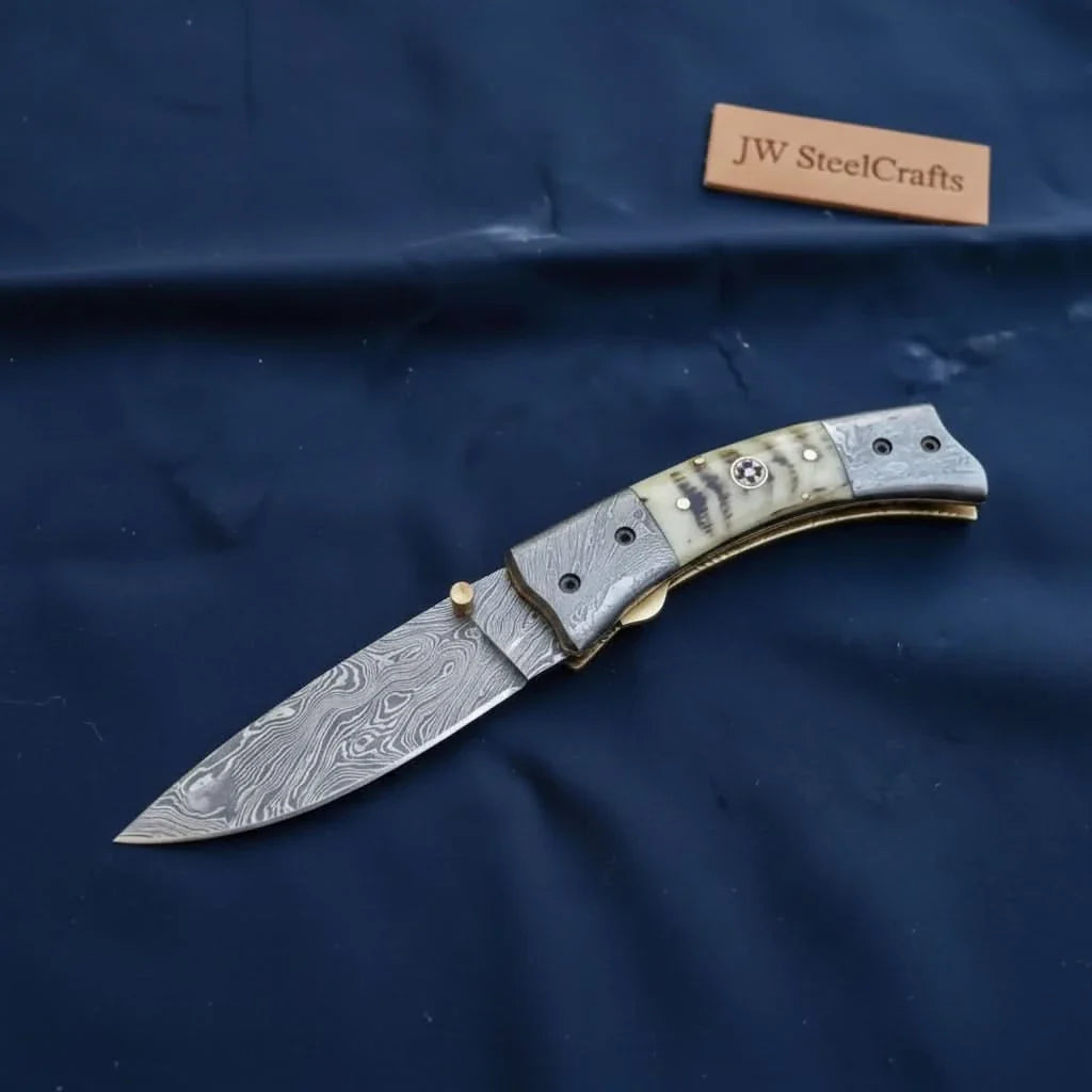 Handmade Damascus Steel Folding Knife with Natural Bone Handle – Custom Pocket Knife