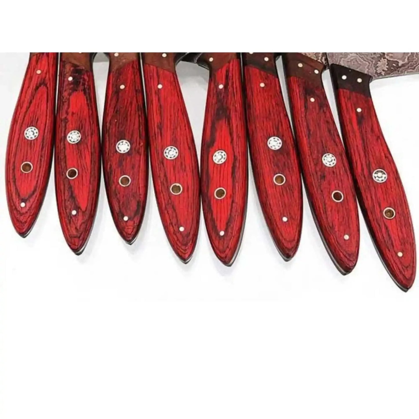 Damascus Kitchen Knife Set of 8, Hand-Forged with Red Pakka Handles