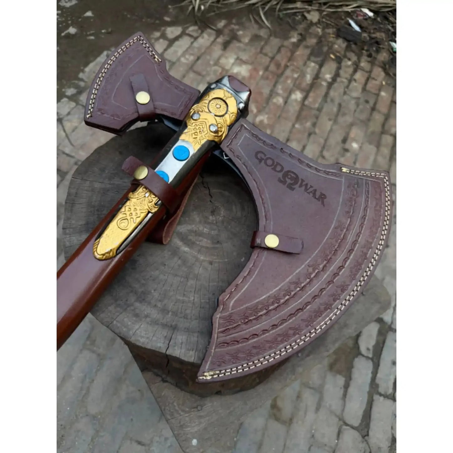 Hand Forged Viking Fantasy Double-Bit Axe with Norse Engraving, Gold Handle Fittings and Blue Gemstone Inlays