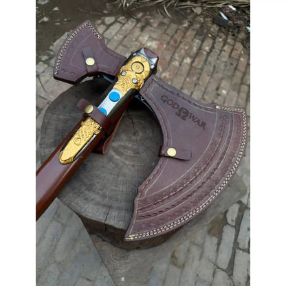 Hand Forged Viking Fantasy Double-Bit Axe with Norse Engraving, Gold Handle Fittings and Blue Gemstone Inlays