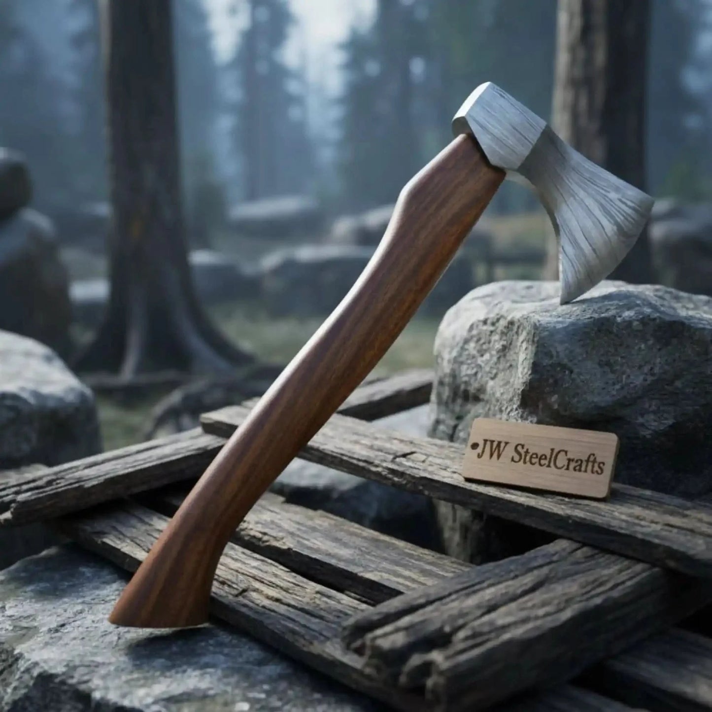 Compact Damascus Steel Camping Axe with Hardwood Handle & Leather Sheath