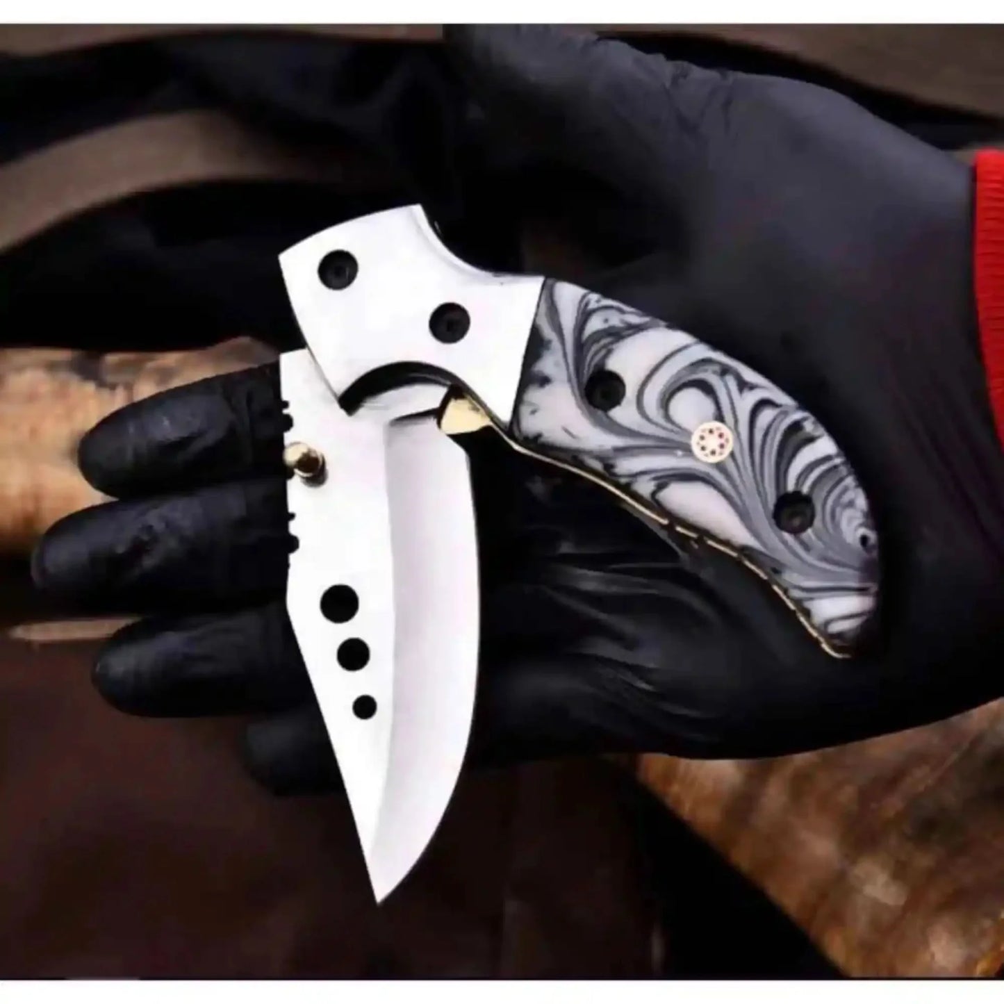 Marble Resin Folding Pocket Knife — Drop Point Blade, Brass Pivot, and Genuine Leather Sheath