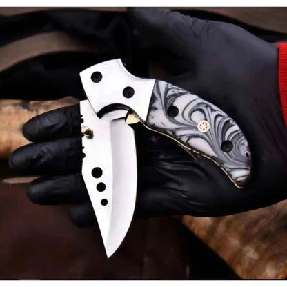 Marble Resin Folding Pocket Knife — Drop Point Blade, Brass Pivot, and Genuine Leather Sheath