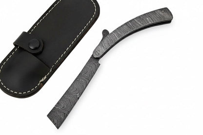 Handmade Damascus Steel Sweeney Todd Style Straight Razor Barber Folding Razor with Leather Sheath