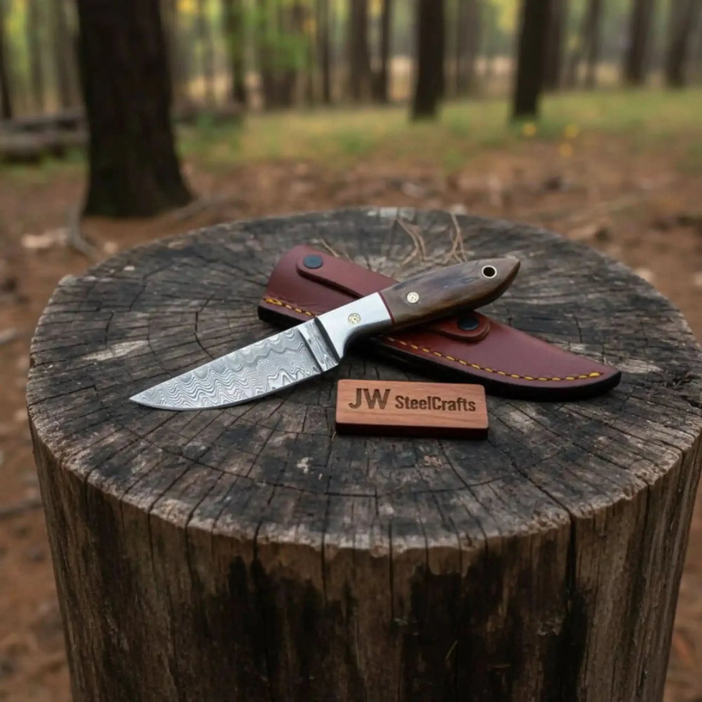 Small Damascus Utility Knife – Rosewood Handle With Leather Sheath