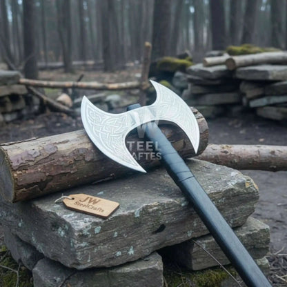 Custom Handmade Double-Headed Viking Axe with Nordic Knotwork Engravings and Cord-Wrapped Handle