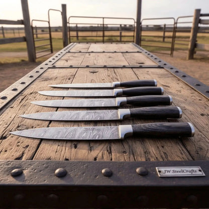 6-Piece Damascus Kitchen Knife Set — Black Wood Handles, Steel Bolsters, Bread, Slicer, Chef, Santoku, Utility & Paring with Leather Roll