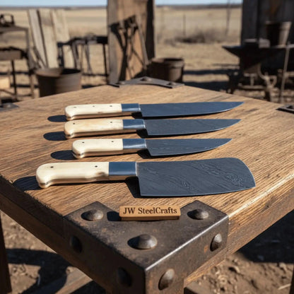 4-Piece Damascus Kitchen Knife Set — Chef, Slicer, Utility & Cleaver with White Camel Bone Handles & Steel Bolsters | JW Steel Crafts