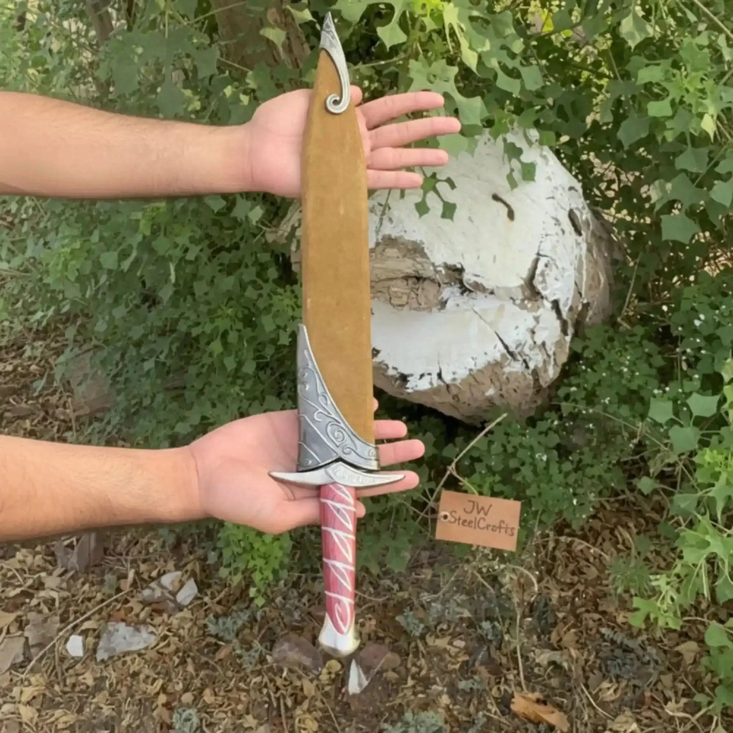 Handmade Fantasy Short Sword with Reddish Wood Grip and Wooden Sheath