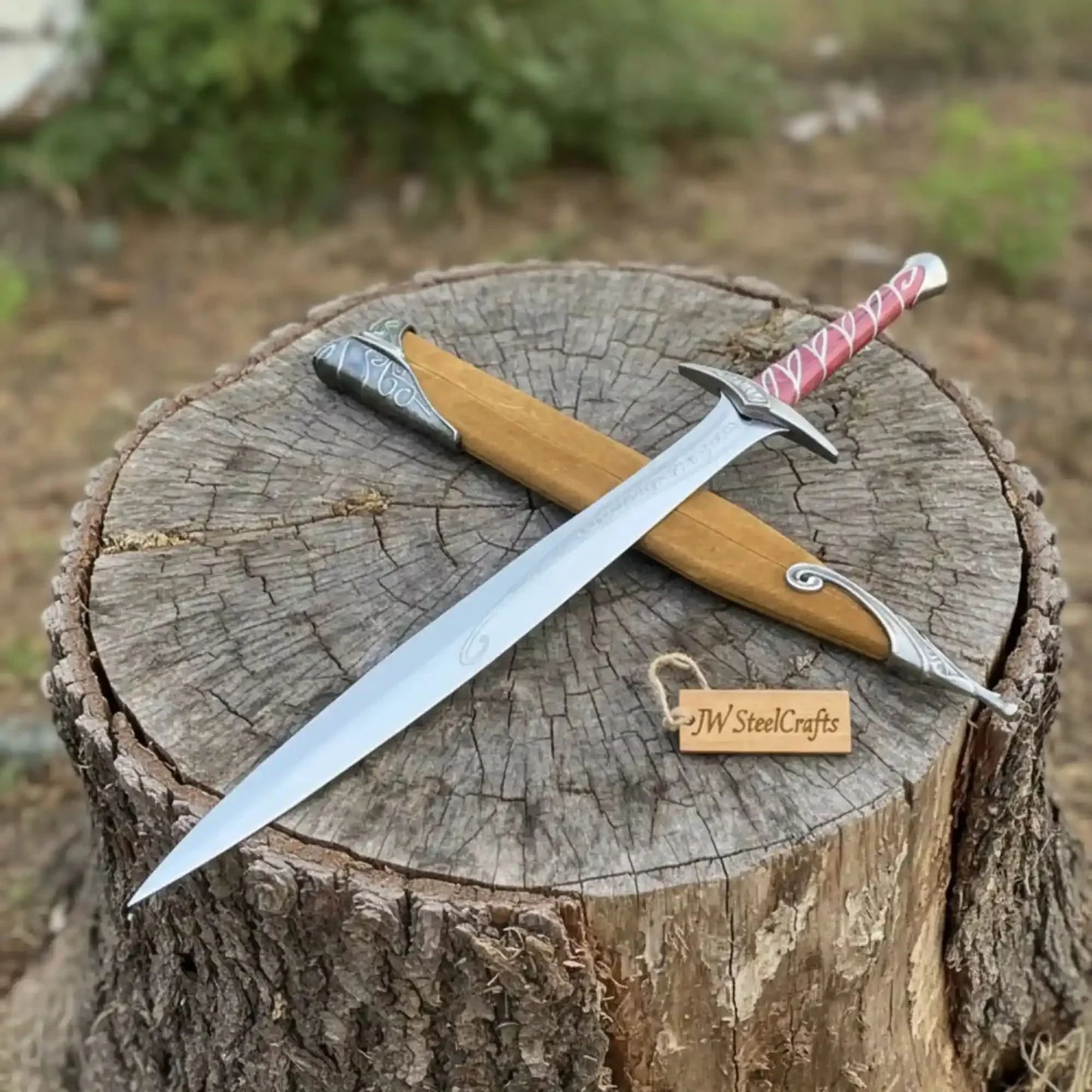 Handmade Fantasy Short Sword with Reddish Wood Grip and Wooden Sheath