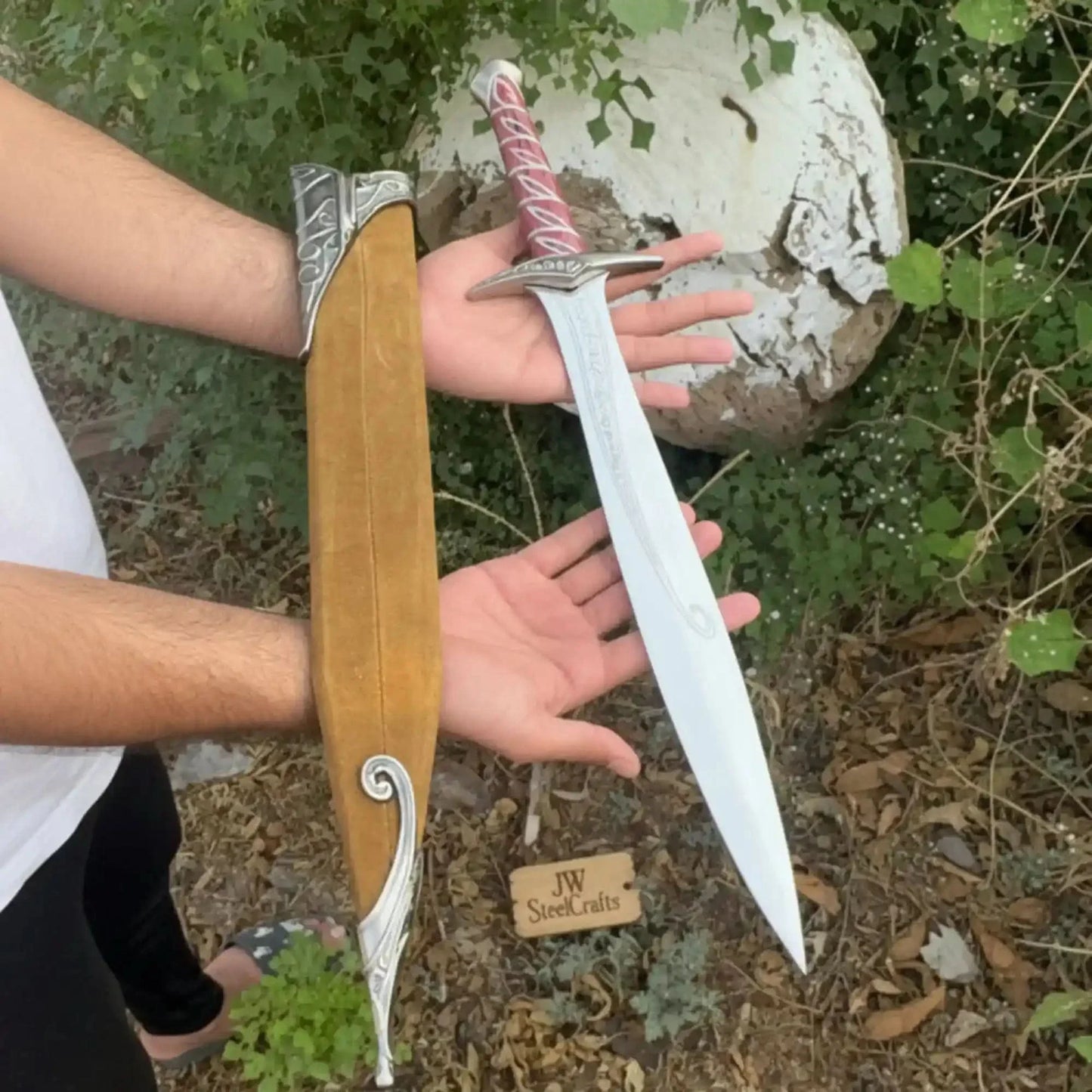 Handmade Fantasy Short Sword with Reddish Wood Grip and Wooden Sheath